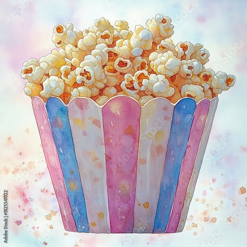 watercolor illustration of fluffy popcorn overflowing from a pastel pink and blue striped scalloped paper box, cheerful and whimsical mood