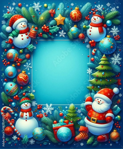 3D Christmas wreath frame featuring cheerful snowmen, candy canes, and colorful baubles against a bright blue background