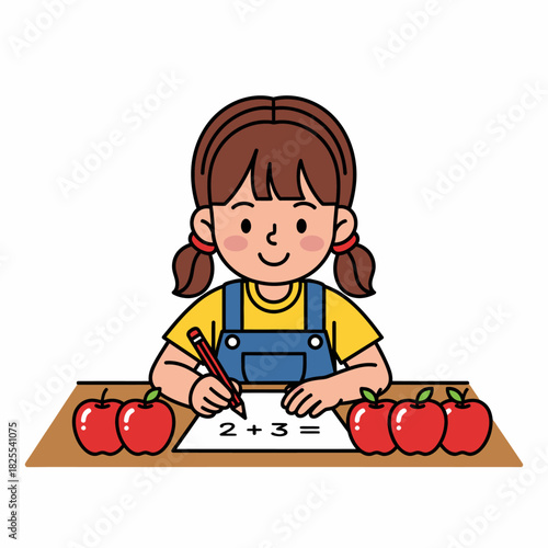 A cute cartoon girl sits at a desk, learning basic arithmetic by counting red apples to solve an addition problem.