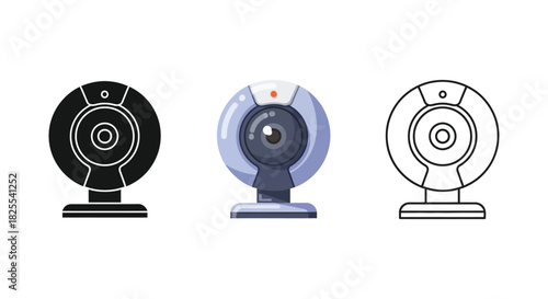 Set of three webcam icons in flat, colored, and outline style