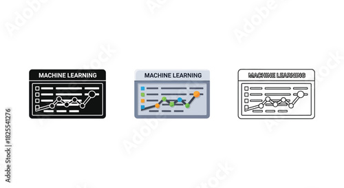 Set of three machine learning dashboard icons showing data analysis chart in solid, color, and outline style