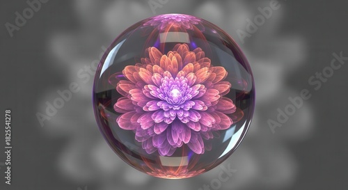 Glowing fractal bloom is magnified within a clear reflective sphere against a muted background