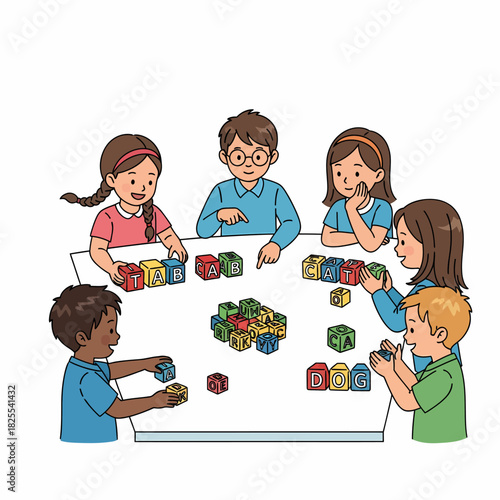 A diverse group of young children happily playing together with colorful alphabet blocks around a white table.