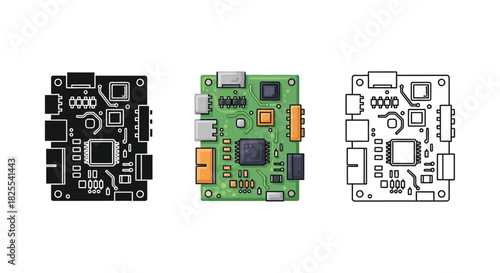 Set of three electronic circuit board icons showing microchip schematic in black, color and outline versions