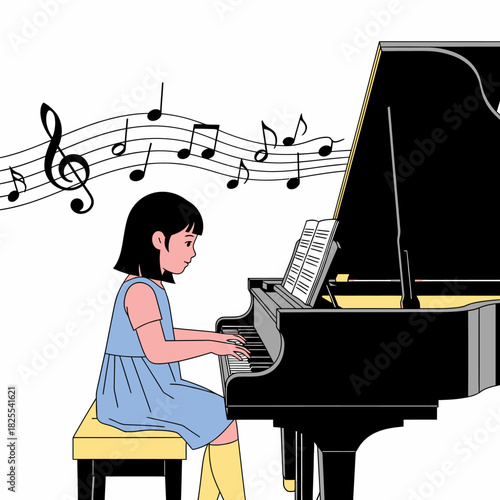 An illustration of a young girl with dark hair playing a black grand piano with musical notes.