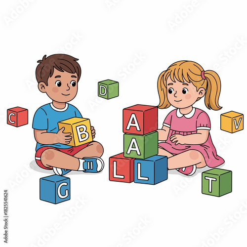 Cartoon of a young boy and girl playing together with colorful alphabet blocks, building a tower.