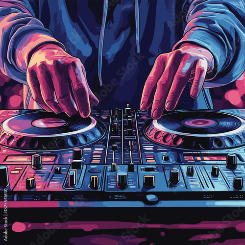 A compelling, photo realistic close-up showcases a DJ's hands skillfully manipulating a mixing deck and turntable, conveying the intensity of a live performance