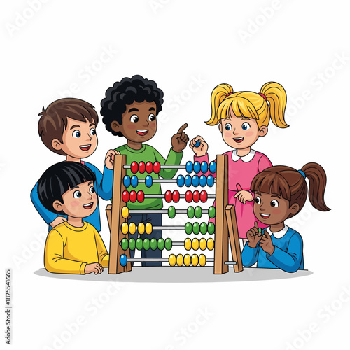 A diverse group of young children learning to count with a colorful abacus.