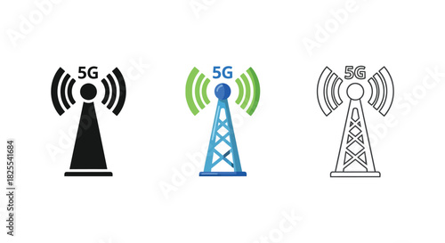 Set of three 5G antenna tower icons for wireless communication in solid, color, and outline style