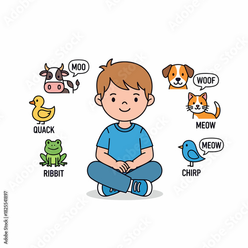 Educational illustration of a young boy learning the sounds of different animals.
