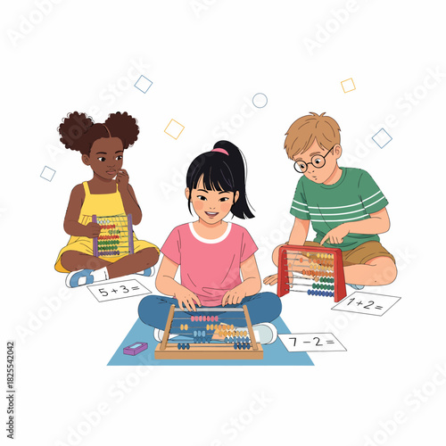 Three diverse children sitting on the floor, learning mathematics with colorful abacuses.