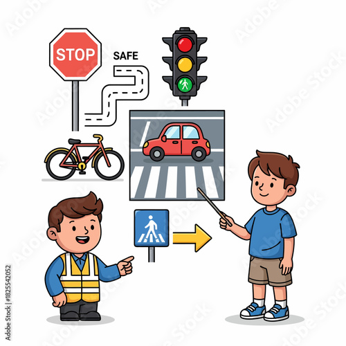 Two boys learning about road safety rules with traffic signs, a car, a bicycle, and traffic lights on a white background.
