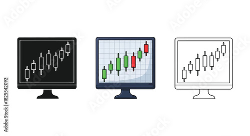 Set of three computer monitor icons showing candlestick charts in different styles