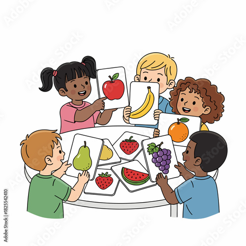 A diverse group of happy children sitting around a table learning about different fruits using flashcards.