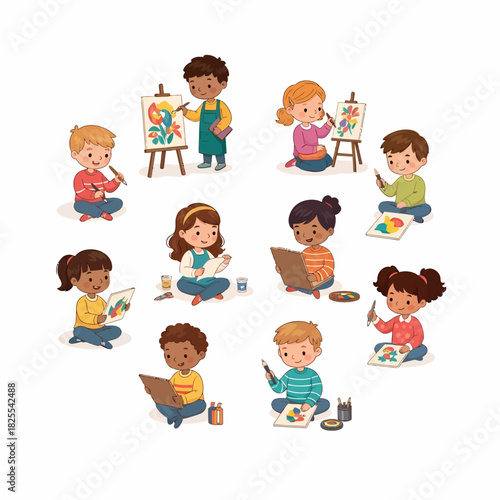 A diverse group of happy children sitting in a circle, painting and drawing together.