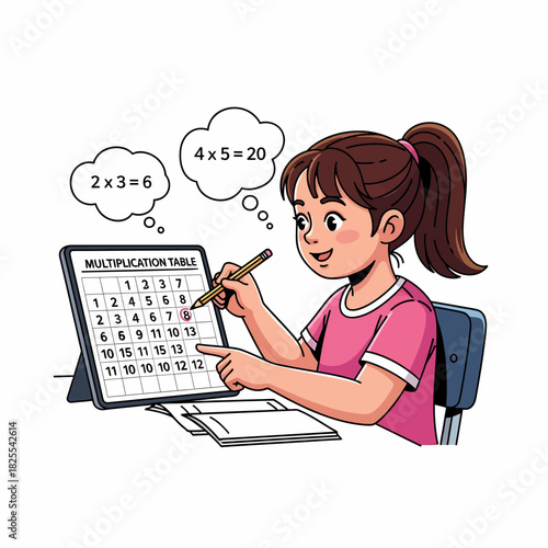 A young girl happily learns multiplication using a times table chart on a digital tablet while solving math problems.