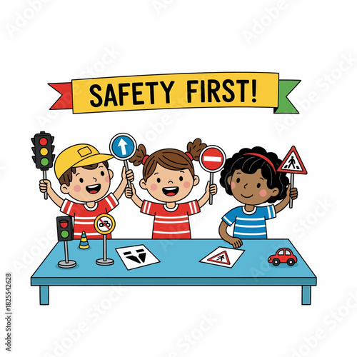 Three diverse children learning about road safety rules with traffic signs and a toy car.