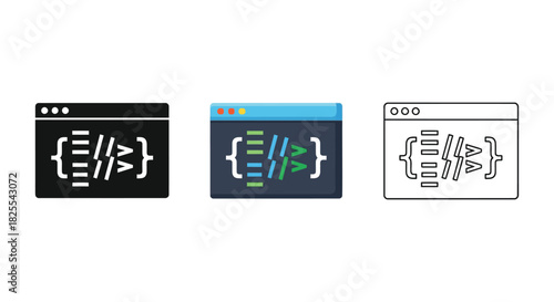 Set of three code window icons with syntax highlighting in solid, color, and outline style
