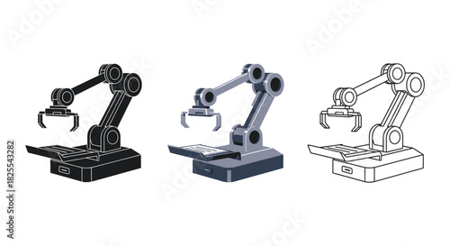 Set of three robotic arm icons in solid, color, and outline styles