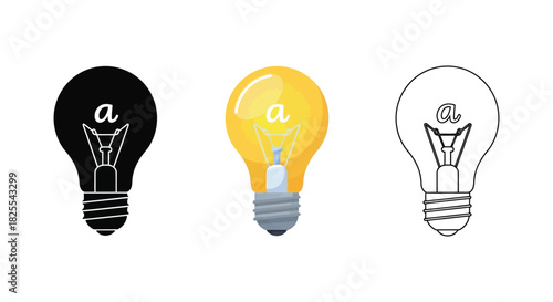 Set of three light bulb icons with letter A in solid black, colored yellow, and outline style