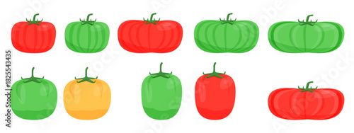 Fresh tomato collection with different color raw and ripe tomatoes red green for cookbook and vegan food