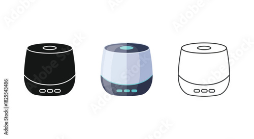 Set of three essential oil diffuser icons in black, color, and outline style