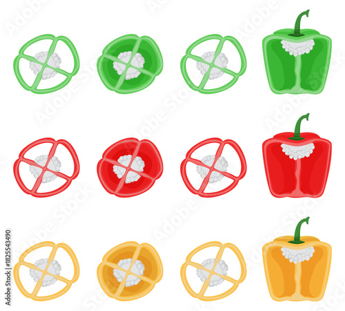 Fresh capsicum set with different color ripe capsicum raw vegetables for cookbook and vegan food and various shape slices