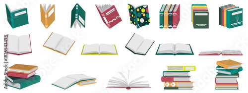 Books set cue colorful book collection different stacks and piles of books open and closed books educational  scientific and fiction literature theme