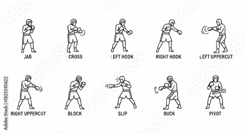 Set of Boxing Techniques and Punches Line Art Icons.