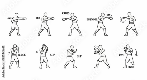 Boxing Techniques - Jab, Cross, Hook, Block, Slip, and Pivot Illustrations.