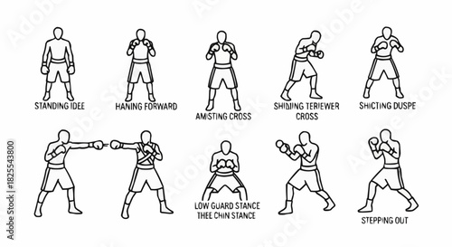 Outline illustrations of various boxer fighting stances and techniques.