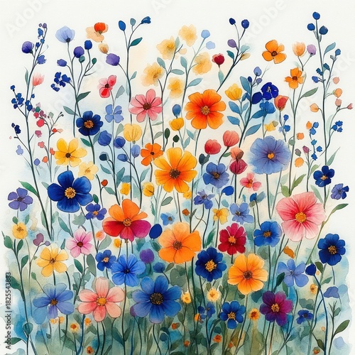 Vibrant watercolor wildflower meadow of delicate multicolored blossoms, slender green stems, tiny buds and leaves, radiating joyful peaceful summer serenity