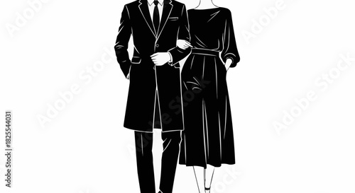 Elegant Couple in Formal Attire Black and White Illustration.