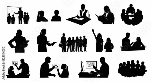 Silhouettes of Teachers and Students in Various Educational Settings.