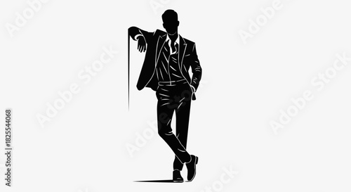 Elegant Man in Suit Leaning on Cane Silhouette.