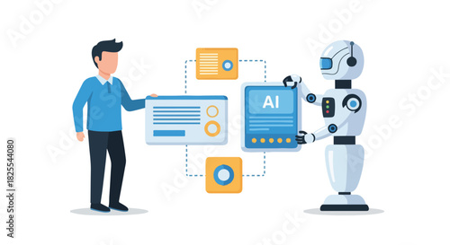 Futuristic concept of a man and an AI robot co-creating a digital platform with advanced user interfaces