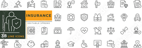 Insurance icon set with editable stroke. Vector illustration.