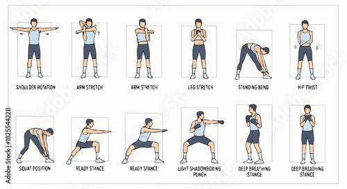 Illustrated Set of Man Performing Warm Up and Stretching Exercises.