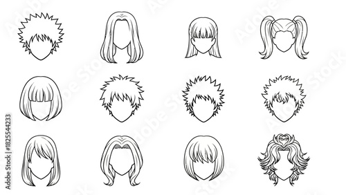 Diverse hairstyles outline collection offers versatile and stylish options for character design and beauty concepts, ideal for digital illustrations and fashion art