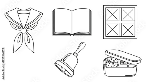 Elegant school themed line art featuring uniform, open book, window, bell, and lunchbox ready for back to school designs and educational projects