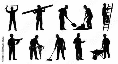 Silhouettes of Construction Workers Performing Various Tasks.