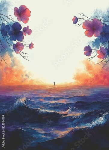 Solitary figure on a vast glowing seascape at sunrise framed by oversized purple and pink flowers, evoking serene wonder and quiet contemplation