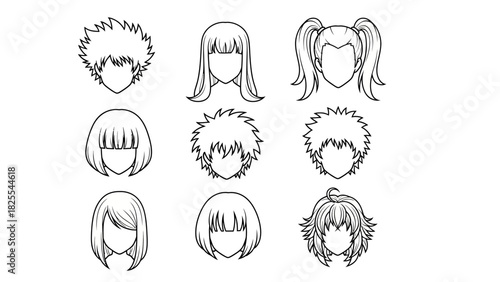 Diverse hairstyle collection for avatar creation, offering trendy, modern, and unique looks for character design and digital art projects, scalable vector graphics