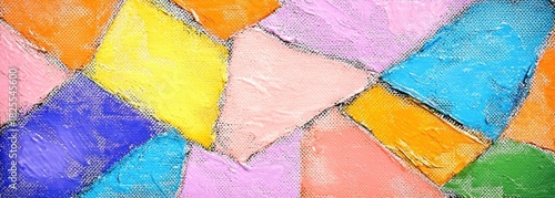 Colorful abstract patchwork of textured painted geometric shapes with bold black outlines, visible canvas grain, thick brush strokes and joyful vibrant energy