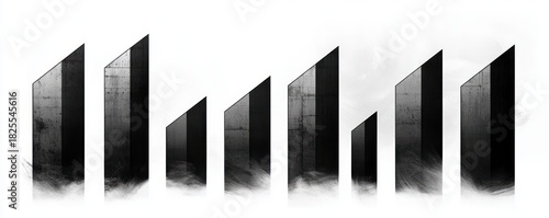 row of tall dark concrete monoliths with diagonal tops emerging from mist on a stark white background, minimalist and eerie