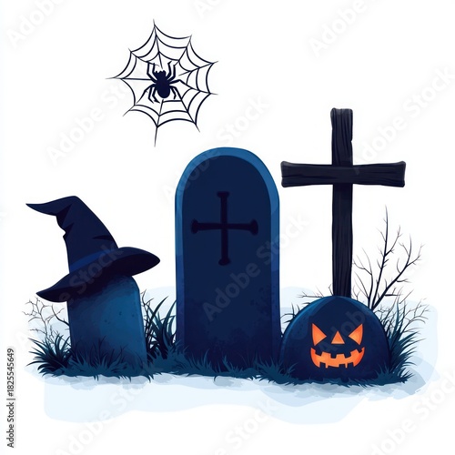 spooky cartoon graveyard with tombstones and wooden cross, spider in a web, a witch hat on a headstone, glowing jack-o-lantern, dead grass and bare branches, eerie playful mood