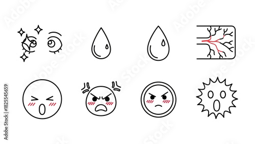 Expressive set of vector icons featuring blood vessel, tears, germs, anger, and surprise for health, medical, and emotional well being designs