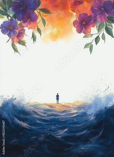 Lone figure standing on a shore between towering blue waves beneath a glowing orange sky, framed by large purple blossoms and green leaves, evoking solitude and quiet wonder