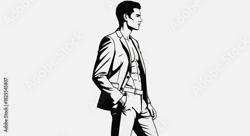 Stylish handsome man in a suit jacket black and white illustration.