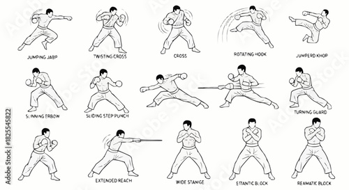 Collection of Martial Arts Poses and Techniques Illustrated.